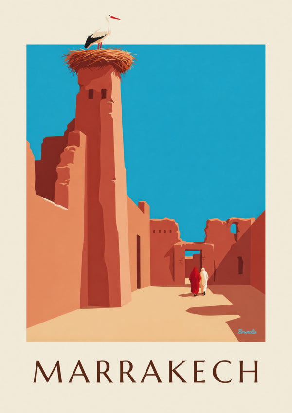 Poster mit einem Storch auf den Mauern des El-Badi-Palasts in Marrakesch