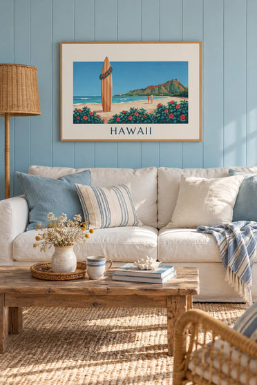 Affiche planche de surf et hibiscus face à Diamond Head, Hawaii : encadrée au mur