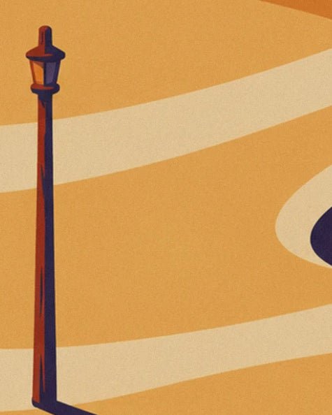 A dark street lamp on ochre sand crossed by broad cream curves