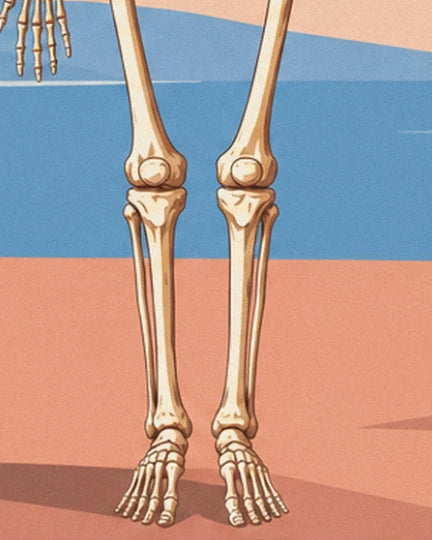 Die 2 Beine des Skeletts mit Knien, Schienbeinen und Füßen auf lachsrosa Untergrund
