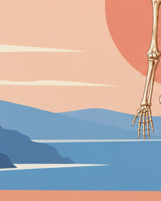 Hand und Unterarm des Skeletts vor einer großen rosa Sonne, dem blauen Meer zugewandt