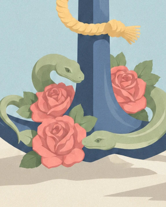 Le 3 rose rosse e i 2 serpenti verdi attorcigliati ai piedi dell'ancora blu sulla sabbia