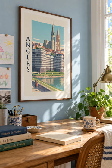 Affiche château d'Angers et cathédrale au bord de la Maine : encadrée au mur
