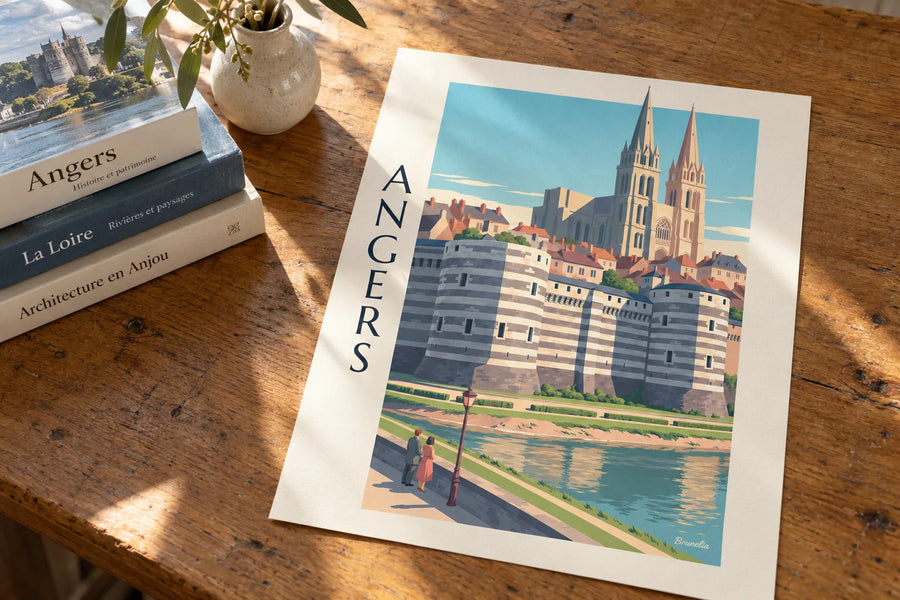 Affiche château d'Angers et cathédrale au bord de la Maine : posée sur une table