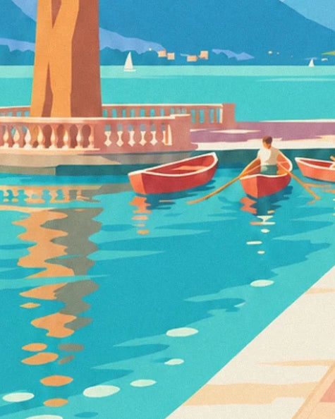 The red rowing boats and the rower on turquoise water beside the pink balustrade