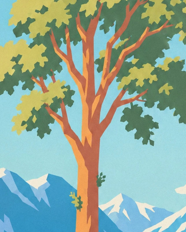 The orange plane tree trunk and its green foliage in front of the snow-covered mountains