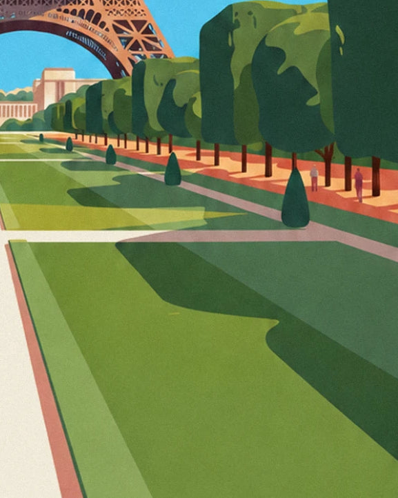 La pelouse et l'ombre des arbres, avec 2 promeneurs sur l'allée orangée et le Trocadéro au fond