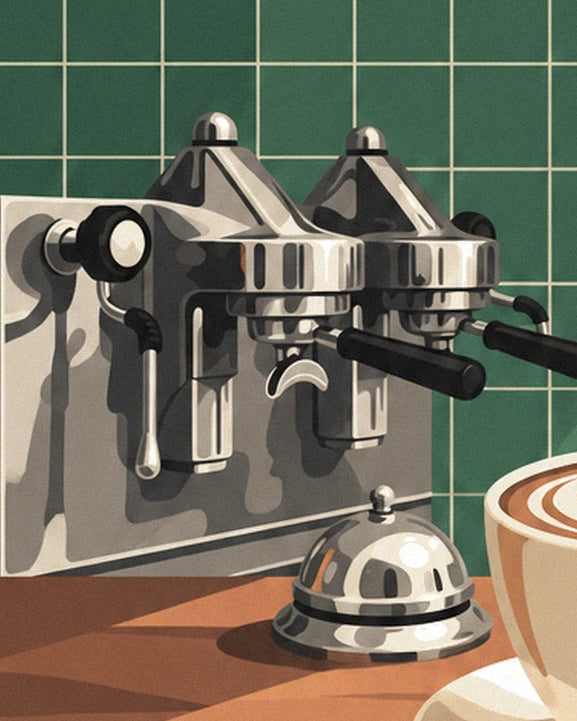 The chrome espresso machine with its 2 black portafilters and little bell against green tiles