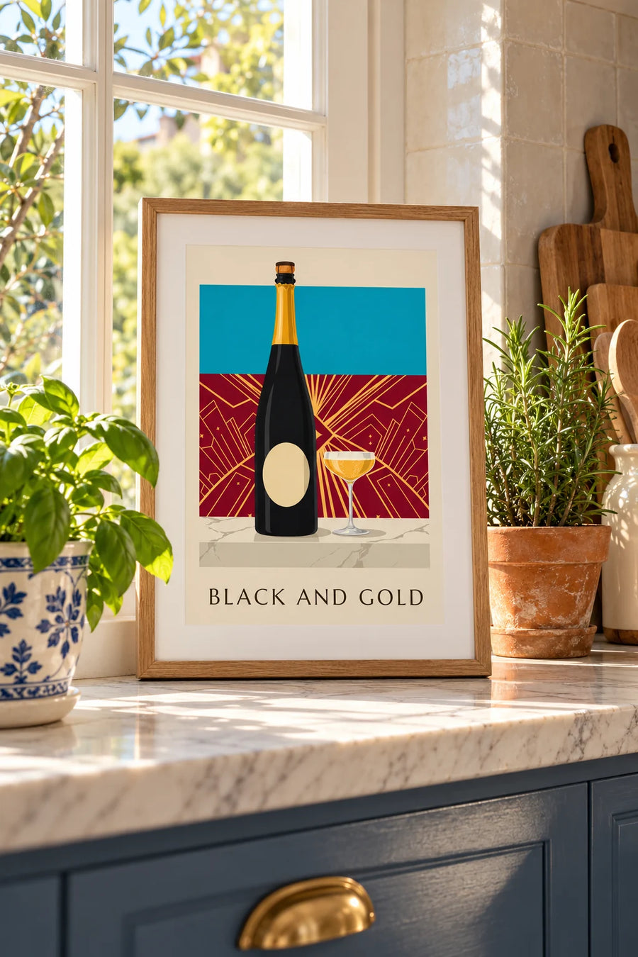 Affiche bouteille de champagne brut noir et or : petit format A4 encadré