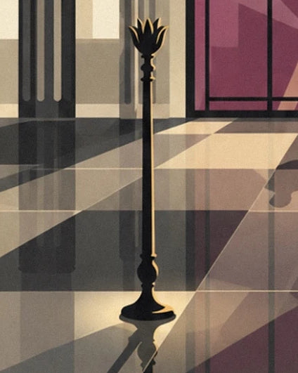 A black and gold light fitting base on the ballroom’s gleaming chequered floor