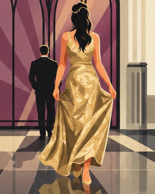 A woman seen from behind in a long golden dress, beside a man in a black suit
