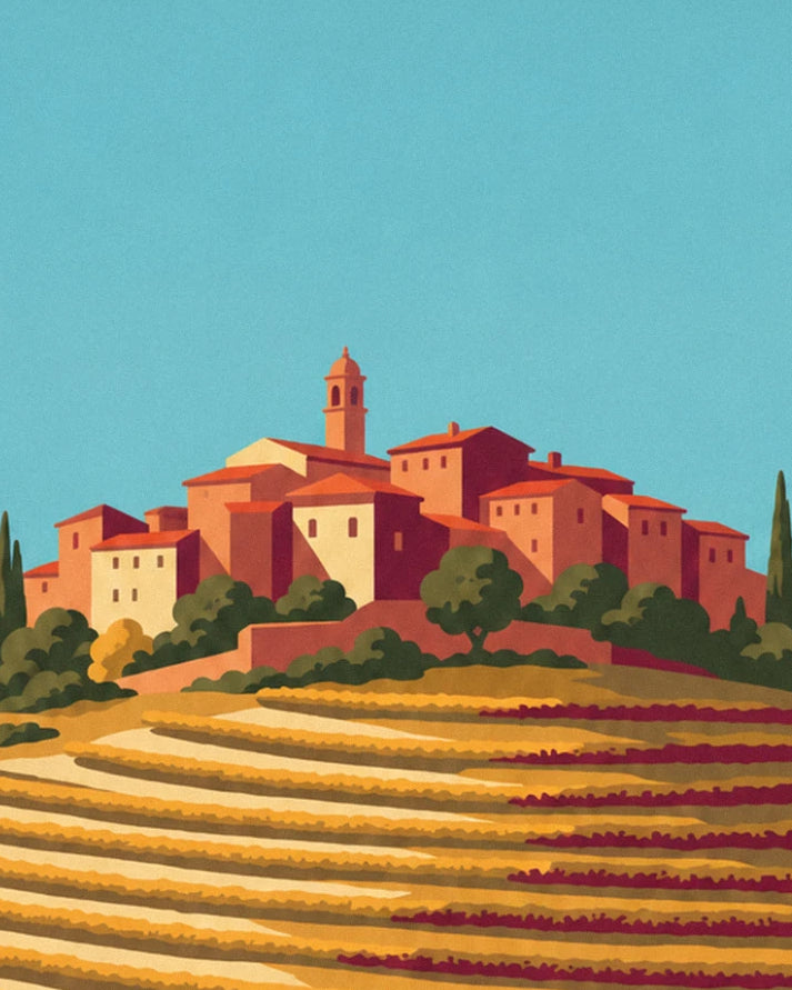Le village aux toits de tuiles orange et son clocher, perché au-dessus des vignes dorées