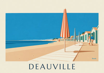Affiche parasols colorés et planches de la plage de Deauville : l'affiche entière