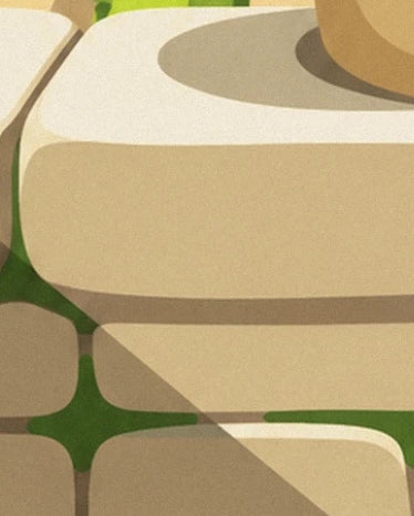 The beige stones of the low wall, their green joints and a diagonal shadow