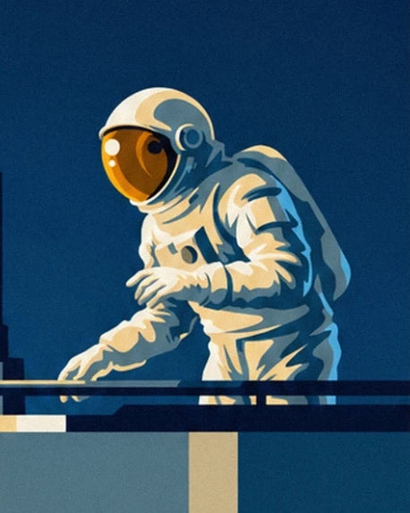L’astronaute en combinaison blanche et à visière dorée derrière la rambarde