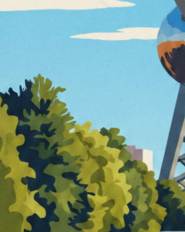 An Atomium sphere above the park's leafy trees, with blue sky and clouds