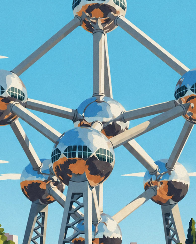 The Atomium's steel spheres and connecting tubes against a blue sky