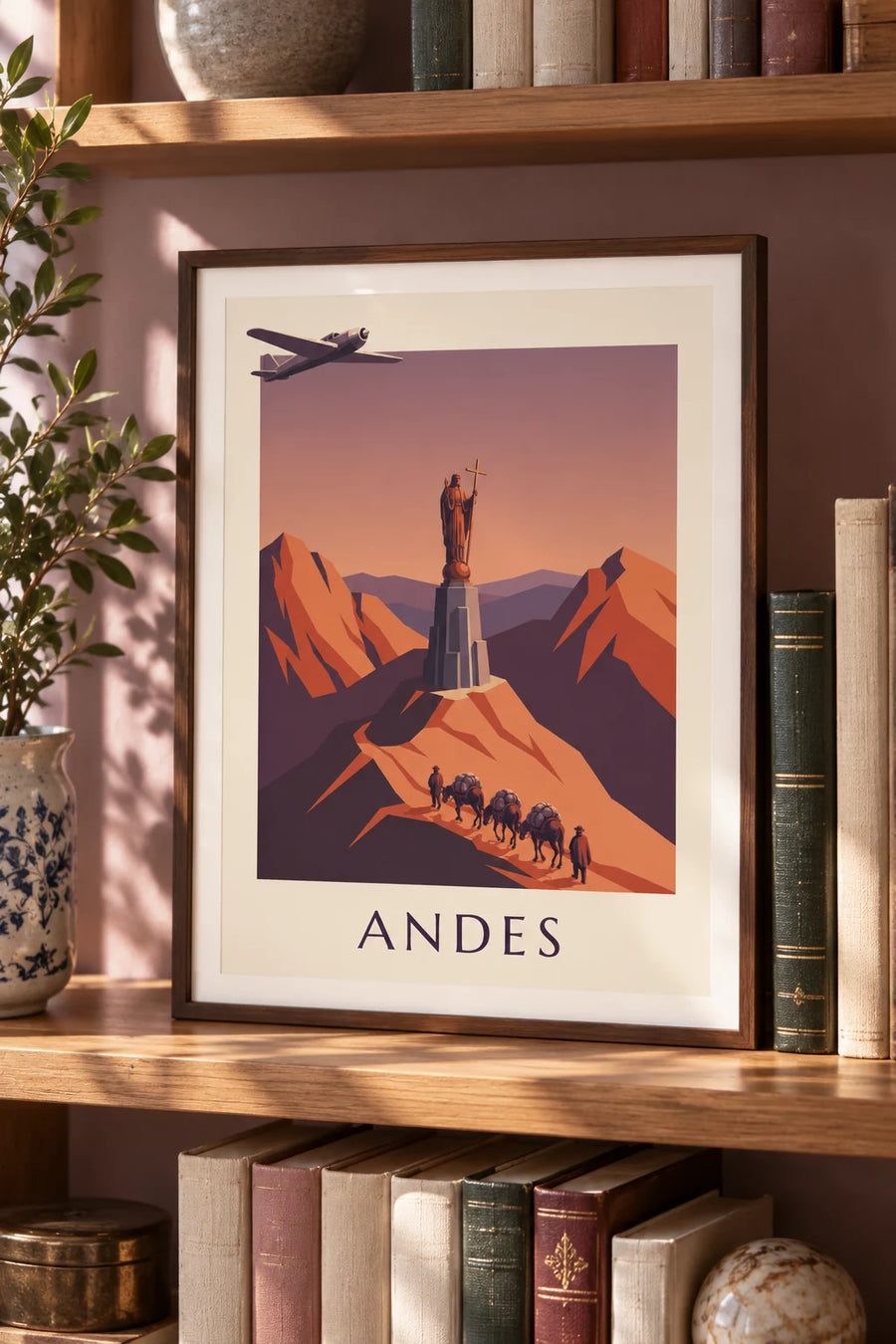 Affiche avion postal et caravane de mules dans les Andes : petit format A4 encadré