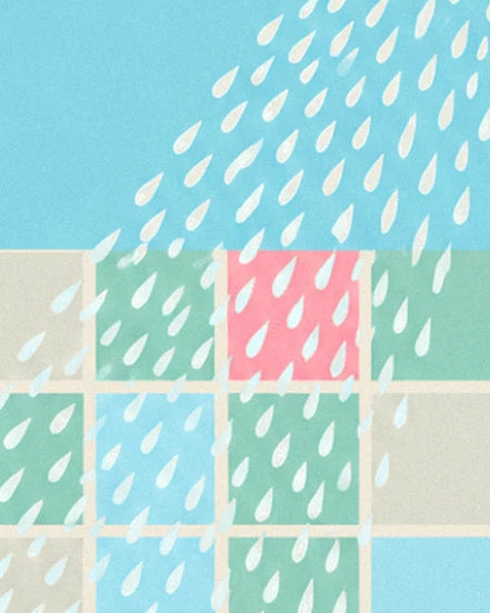 Water droplets falling onto pastel green, pink and blue tiles