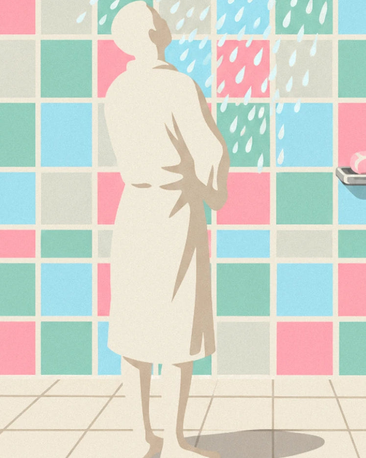 The figure in a cream dressing gown, seen from behind, facing pink, green and blue tiles