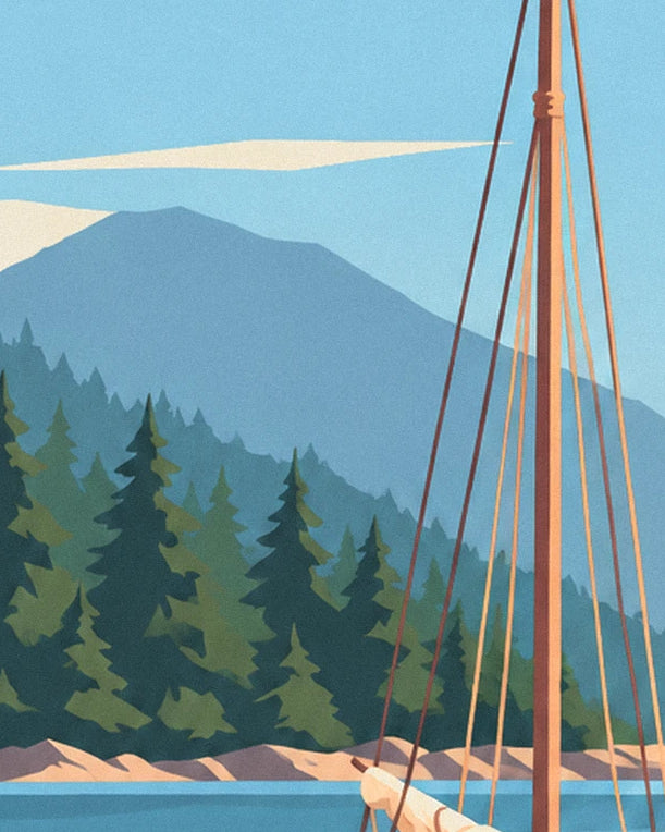 The tall mast and its rigging in front of the blue mountain and the fir trees along the coast