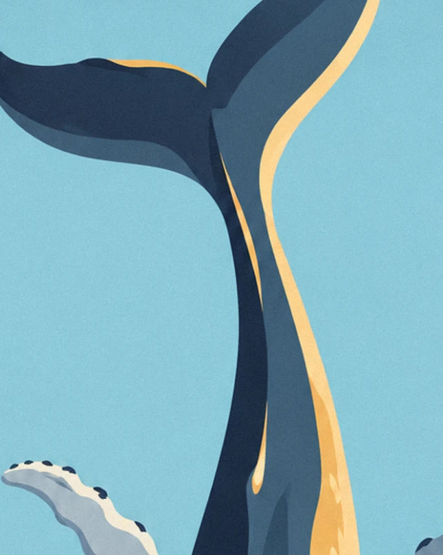 The whale’s raised tail, dark blue and edged in gold against a turquoise background