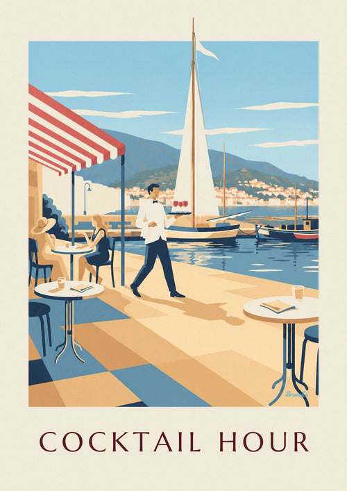 Affiche serveur et apéritifs sur une terrasse de port : l'affiche entière