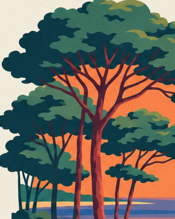 The pines with brown trunks and green crowns, silhouetted against the orange sky