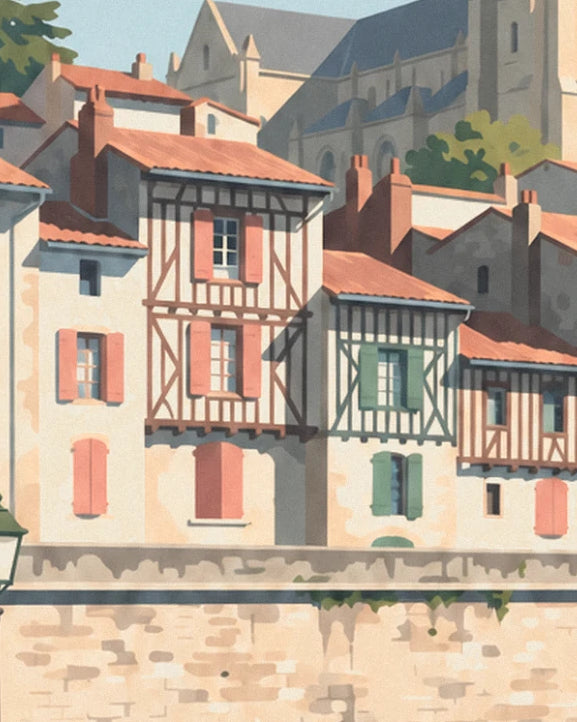 Les maisons à colombages et volets rose et vert dominées par la cathédrale
