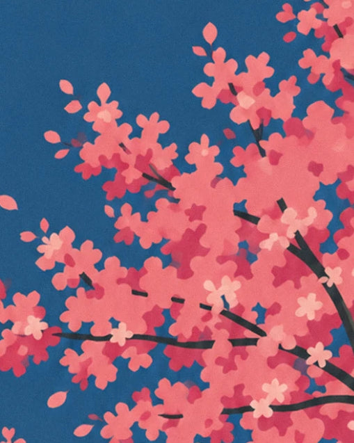 Ein Kirschzweig voller rosa Blüten vor dem nachtblauen Himmel