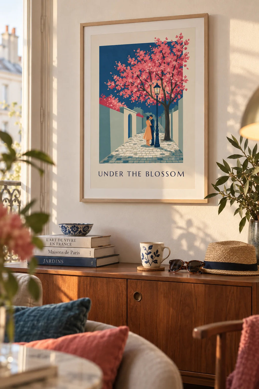 Poster Paar unter einer Straßenlaterne und einem blühenden Kirschbaum: gerahmt an der Wand