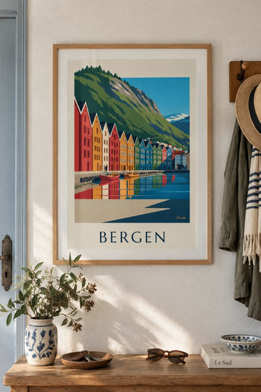 Poster molo di Bryggen, case colorate e porto di Bergen: incorniciato alla parete