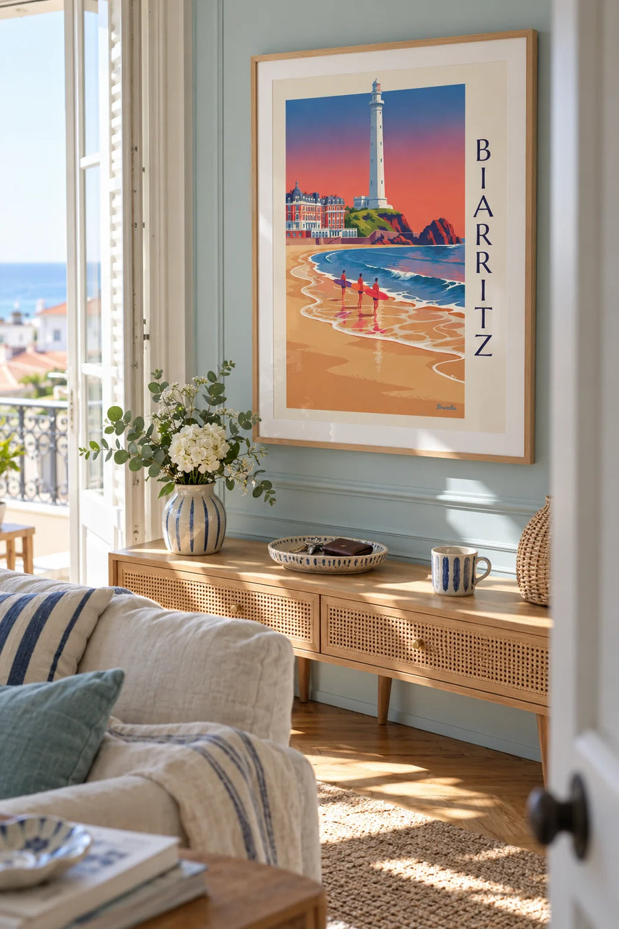 Poster Surfer und Longboards vor dem Hôtel du Palais in Biarritz: gerahmt an der Wand