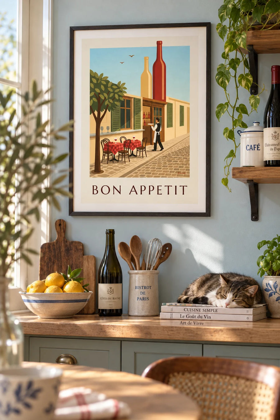 Poster französisches Bistro „Bon appétit“, Kellner und Zinktresen: gerahmt an der Wand