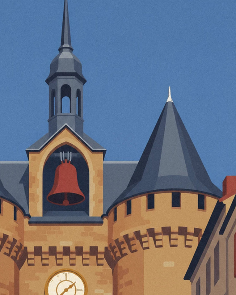 Poster Grosse Cloche in Bordeaux und Café-Terrasse: Detail in Nahaufnahme