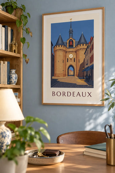 Poster Grosse Cloche di Bordeaux e dehors di un caffè: incorniciato alla parete