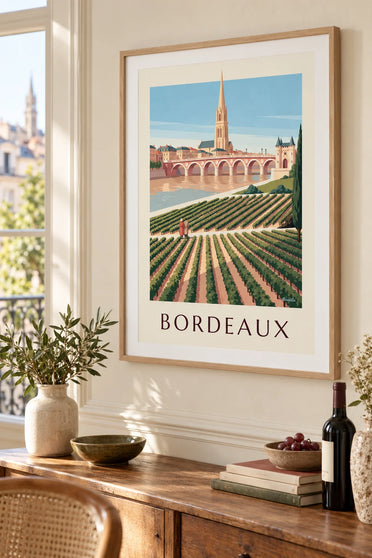 Poster Steinbrücke und Porte Cailhau in Bordeaux, gesehen von den Weinbergen : gerahmt an der Wand