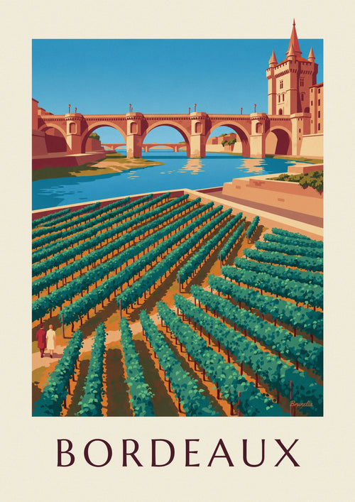 Affiche pont de pierre et porte Cailhau à Bordeaux vus des vignes : l'affiche entière