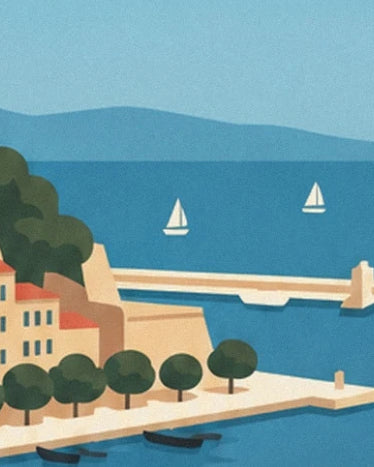 Sailing boats off the Vieux-Port beyond the tree-lined quays
