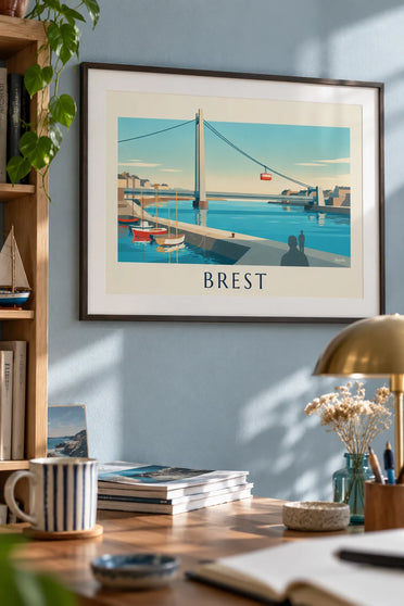 Poster of the Recouvrance bridge and cable car in Brest: framed on the wall