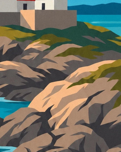The rugged ochre and grey rocks beneath the lighthouse walls