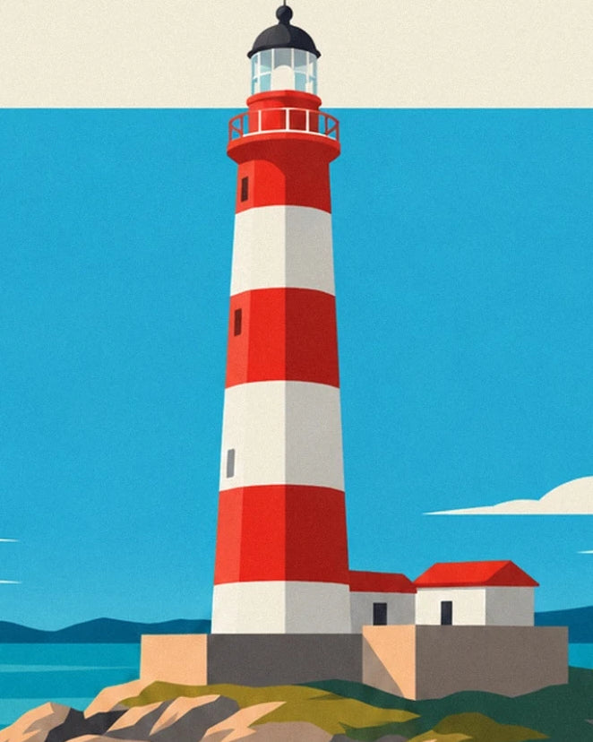 The red and white striped lighthouse and its buildings with red roofs