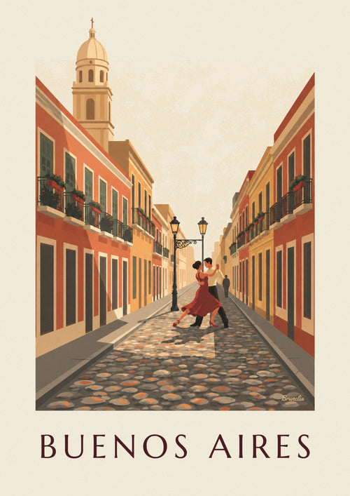 Poster Kopfsteinpflastergasse in San Telmo, Buenos Aires, mit Tangotänzern: das ganze Poster