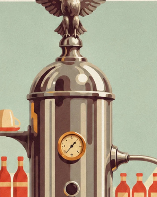The chrome dome of the espresso machine, its golden pressure gauge and eagle on top