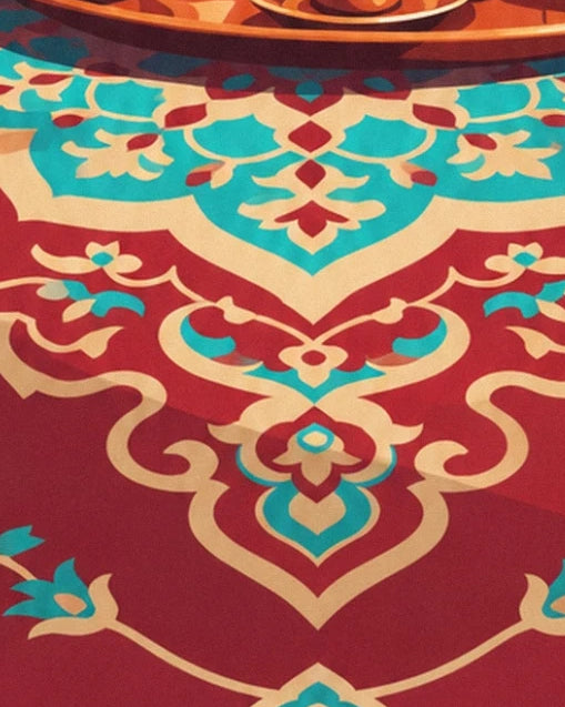 Les arabesques turquoise et crème du tapis rouge sous le bord du plateau cuivré