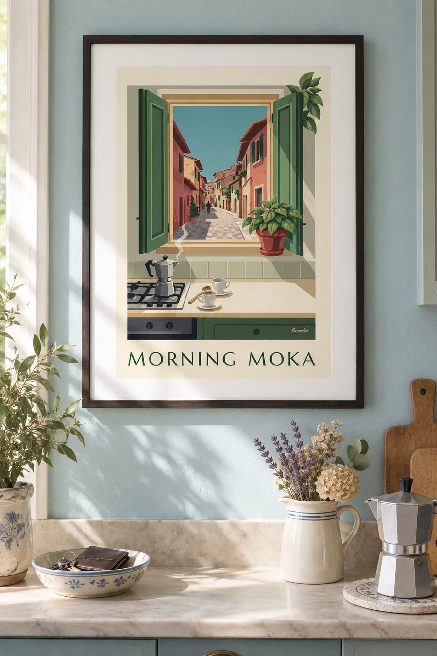 Poster of an Italian moka pot in a kitchen in the morning: framed on the wall