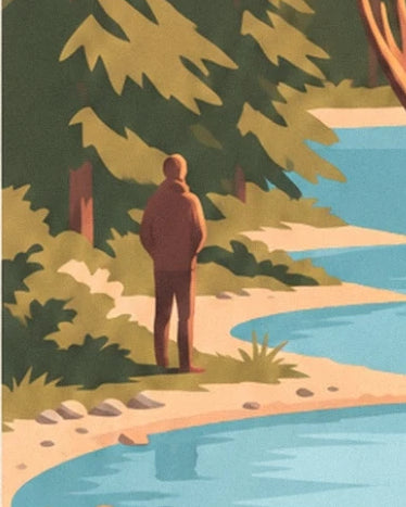 A figure seen from behind beside the turquoise lake between fir trees and the sandy shore