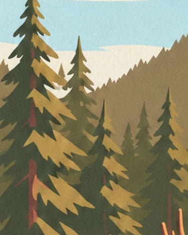 Dark green fir trees with golden branches in front of a mountainside