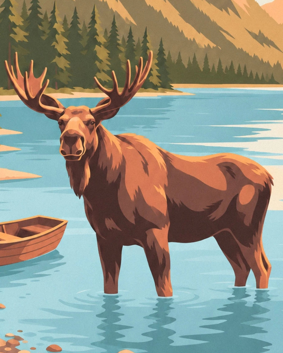 The moose with broad antlers in the turquoise lake beside a wooden rowing boat