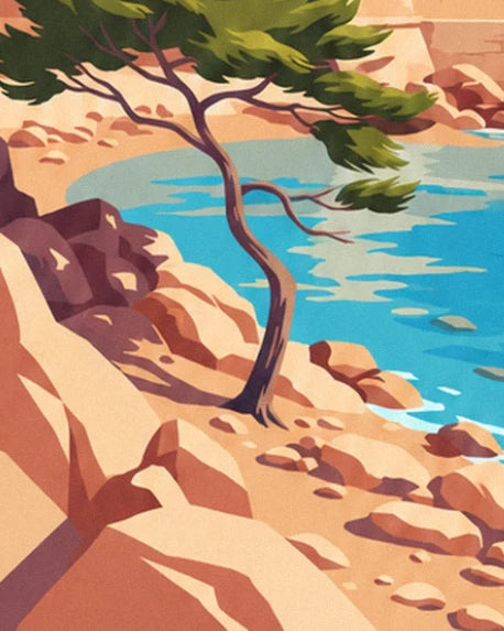 A pine with a winding trunk on the ochre rocks, beside the turquoise water